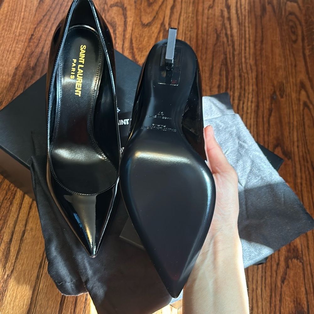 Saint Laurent Opyum Pumps in Black Patent Leather Logo Heel Pointed Toe NWT 37 - Picture 5 of 13